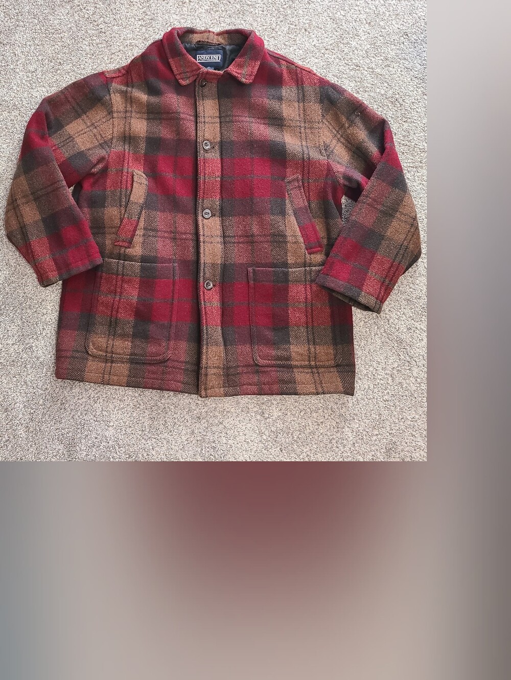 VTG Lands End Wool Blend Red Green Camel Plaid Double Zip Chore Coat Size L